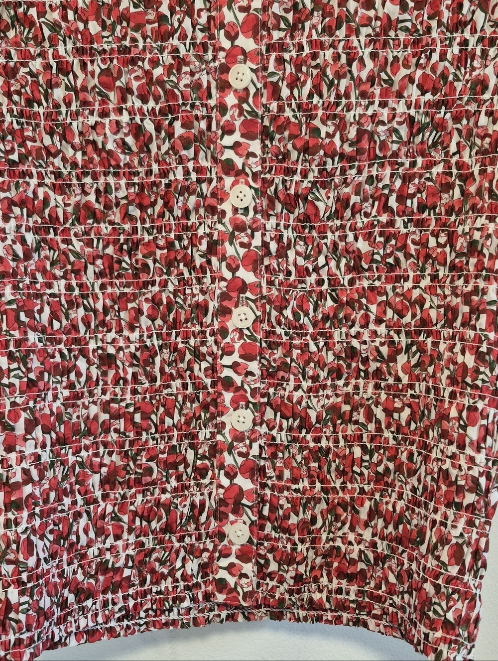 J. Crew Liberty Fabric Smocked Button-up Top Red Floral Sz XS Cottagecore Preppy - Picture 6 of 12